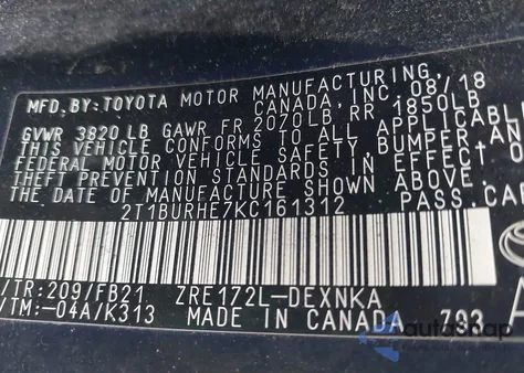 2019 Toyota Corolla Le из США, поврежденный, VIN 2T1BURHE7KC161312